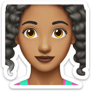 Tanned woman with black hair dressed in 1990s preppy hair, makeup, and neon attire  sticker