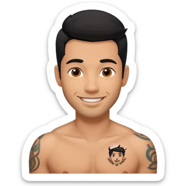 A man in tattoos handsome with flirty smile till legs black hair, bristle  sticker