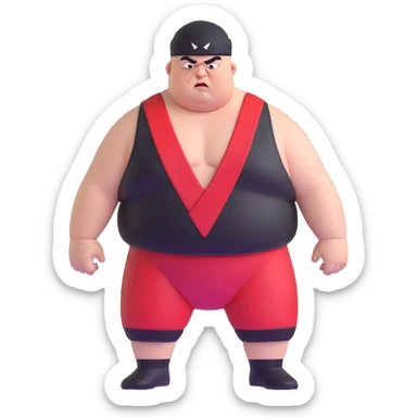 Close-up of white skin fat guy with young face, no muscle with prominent black durag, completely shaved face, no beard or mustache, black eyes in a red and black wrestling singlet with angry face sticker