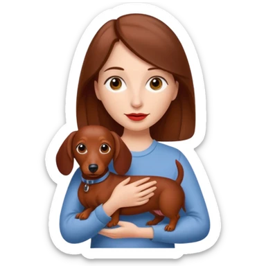 White woman with medium length brown hair holding a red dashound sticker