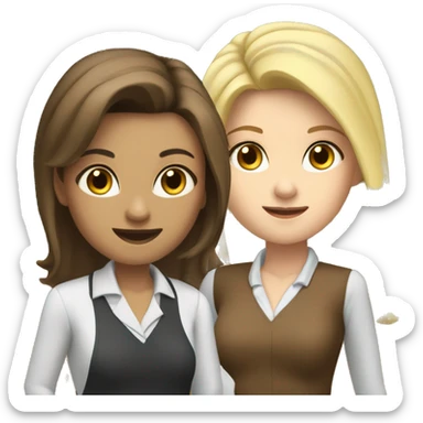 three girls dressed as teachers standing in front of a school board, two of them are brunettes and fair-skinned with brown eyes, one of them is blonde and fair-skinned with blue eyes sticker