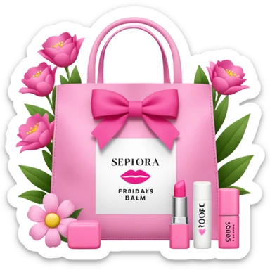 A Sephora shopping bag with a pink preppy lip balm and Summer Fridays branding peeking out, pink and bows surrounded summery sticker