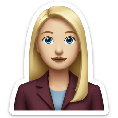 portrait of an adult girl, blue eyes, straight long bob blond hair, dark blue jacket suit, burgundy red shirt sticker