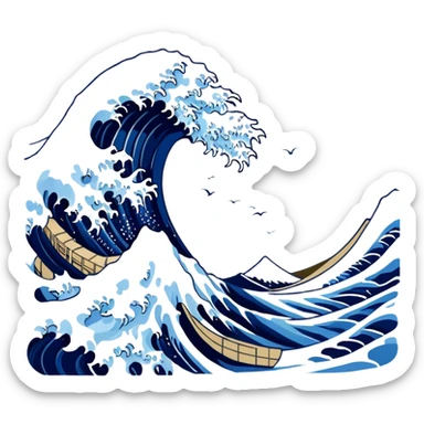 Cinematic Realistic Great Wave off Kanagawa, depicted as a colossal, crashing wave with dynamic blue hues and frothy white crests, rendered with intricate textures and fluid motion that captures both the timeless power and poetic beauty of the iconic Japanese artwork sticker