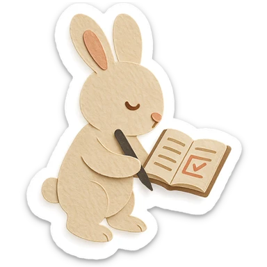 flawless, highly detailed, high quality paper craft style illustration of a cream-colored bunny standing and writing in a planner, perfect proportions, no imperfections, intricate textures, soft lighting, delicate cut-paper details sticker