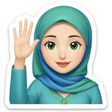 Turkish beautiful finish Konya girl blue hijab and green heart dress and wink her hand goodbye  sticker