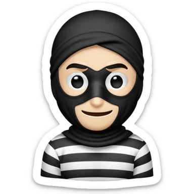 a cartoon-style robber emoji, showing a mischievous face with a black mask covering the eyes, a sly smirk, and a striped black-and-white shirt. the design is simple and clean, with a playful and lighthearted feel sticker