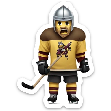 An angry viking playing hockey with a maroon and Vegas gold hockey jersey while holding a flag that says WIN  sticker