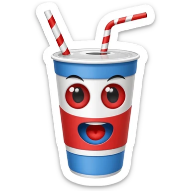 paper coke cup and straw, the cup has eyes and mouth and glassess sticker