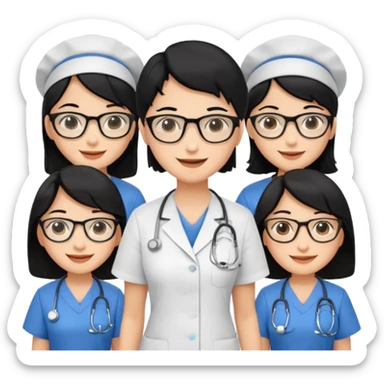 Genera emogis de 4 cuatro enfermeras de cabello negro, una con lentes sticker