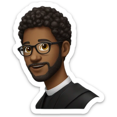 young black catholic priest beard, curly hair, with rounded glasses and clerygman sticker