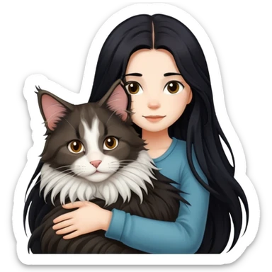 A girl with long black  hair tightly hugged a Maine coon sticker