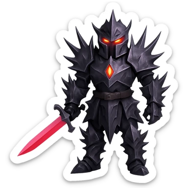 Make the knight's black armour spikey, keep glowing red eyes, mysterious and powerful style, no background. sticker