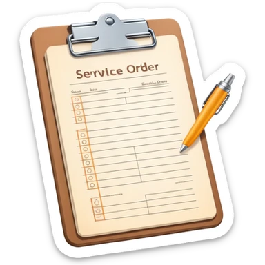 clipboard holding a simplified service order paper with faint lines, with a small gear symbol, clean vector art, bright colors, isolated sticker