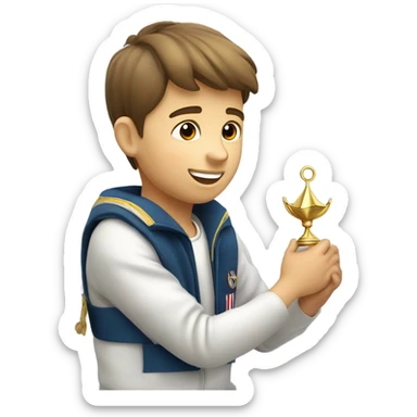 boy puts medal on his sailing boat sticker