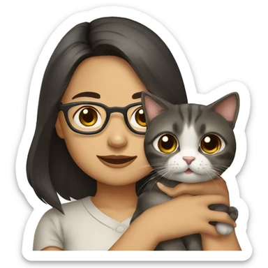 Southeast asian girl wearing glasses and shoulder length hair holding a cat sticker