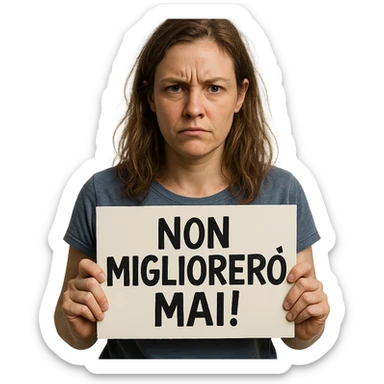 DONNA CHE TIENE UN CARTELLO IN MANO CON LA SCRITTA "NON MIGLIORERò MAI!", iperrealistico 4k sticker