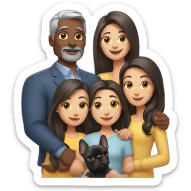 Family of five-dad-mother-with-grey-hair-and-two-brunettes-daughters-with-long-hair-and-just-one-black-French-bulldog sticker