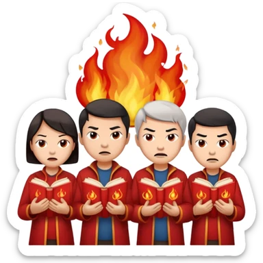 Chinese culture revolution, a group of Chinese wearing red, face angry, buring books sticker