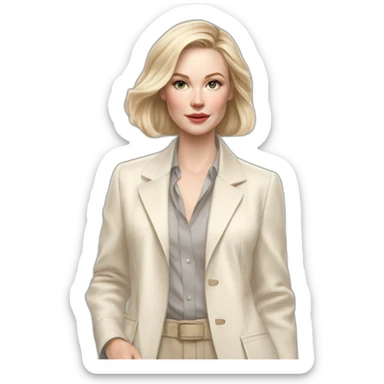 pale skin woman with ash blonde Straightened bob Hair, White Spacious classical jacket, beige palazzo Arrow pants and gray blouse holding white IPhone 15 pro in the hands sticker
