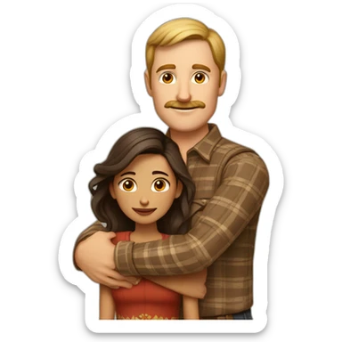 Tall white man with brown hair and a brown mustache wearing plaid hugging a very short Indian woman sticker