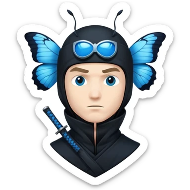 Crea una imagen con estos dos emoji 🥷🏻🦋
él ninja blancoCrea un emoji para usar en WhatsApp con estos dos emoji 🥷🏻🦋.
Ninja vestido de negro con la piel blanca con una mariposa azul posada en cabeza como si estuviera volando. con la mariposa posada en cabeza como si estuviera volando.

 sticker
