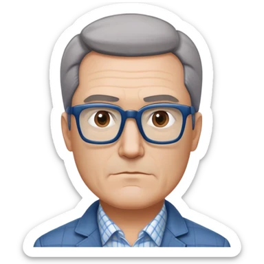 50-year-old man with square face, large dark square glasses, short straight hair combed to the side with some gray. Serious-relaxed expression with subtle age lines. Light gray jacket, white shirt with blue checkered pattern. sticker