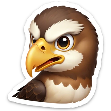 Cinematic Comical Hawk Portrait Emoji, Head tilted dramatically with an exaggeratedly shocked expression, featuring a sharply defined beak and wide, comically expressive eyes full of playful disbelief, Simplified yet hilariously expressive features, highly detailed, glowing with a slightly sassy glow, high shine, dramatic yet playful, stylized with an air of cheeky aerial mischief, soft glowing outline, capturing the essence of a meme-worthy hawk that looks ready to side-eye its way into viral fame! sticker
