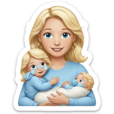 Wavy blonde, white woman with blue eyes, freckles hoop earrings, holding babies smiling and really cute in gold hoops she needs to be holding three newborns, and she needs to be more cute than pretty sticker