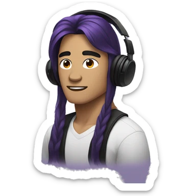 southeast asian guy with black headphones and an long black and purple hair sticker