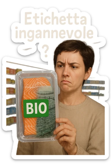 Scena in un supermercato moderno: uomo o donna tiene in mano una confezione di salmone etichettata 'BIO', con un grande bollino verde. Ma in trasparenza, dietro l’etichetta, si intravede un allevamento intensivo di salmoni in gabbie marine, acqua torbida e pesci ammassati. Espressione del cliente confusa e sospettosa. Sopra la testa, testo simbolico fluttuante: 'Etichetta ingannevole'. Colori contrastanti: confezione brillante ma realtà di fondo grigia e artificiale. Stile realistico con elementi simbolici forti realistico sticker