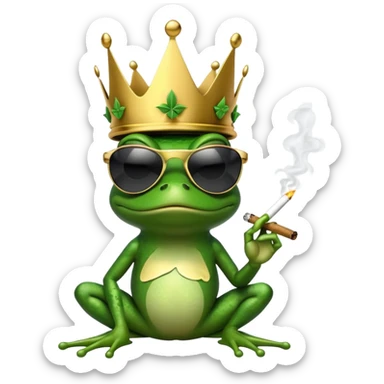 gangster frog wearing a gold crown smoking a marijuana joint, cool sunglasses sticker