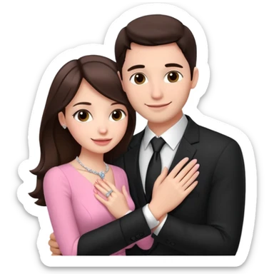 Brunette girl, with an engagement ring on her finger hugging a handsome man, (her boyfriend) both of them happy, she’s wearing a pink dress, he is wearing a black suit, he’s also a rich businessman, and there is the 💜 purple heart emoji on top. They look in love with each other.  sticker