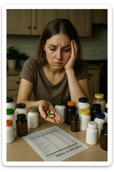 a woman in her 30s sits at her kitchen table, surrounded by dozens of supplement bottles, powders, and pills. She looks anxious and fatigued, with her head resting in one hand while the other holds a handful of colorful capsules. On the table, a nutrition chart is ignored, and her skin appears slightly dull or stressed. The mood is cautionary and educational. in italiano sticker