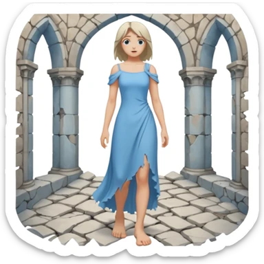 Female figure standing barefoot in ruined cathedral, dress slipping from shoulder sticker