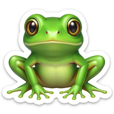 Cinematic Cute Green Tree Frog Portrait Emoji, Head tilted playfully and inquisitively, featuring a charmingly compact form with vivid green, slightly textured skin, prominent sticky toe pads, and round, sparkling eyes full of playful wonder, Simplified yet irresistibly adorable features, highly detailed, glowing with a warm, inviting jungle glow, high shine, affectionate and lively, stylized with a touch of tropical whimsy, soft glowing outline, capturing the essence of a mischievous yet loving frog that seems as if it could hop out of the screen into your arms! sticker
