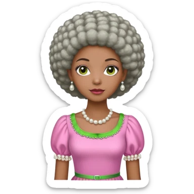 Pretty Brown woman with a very very short stylish gray Afro  wearing pink and green dress  and pearl blouse with sleeves sticker