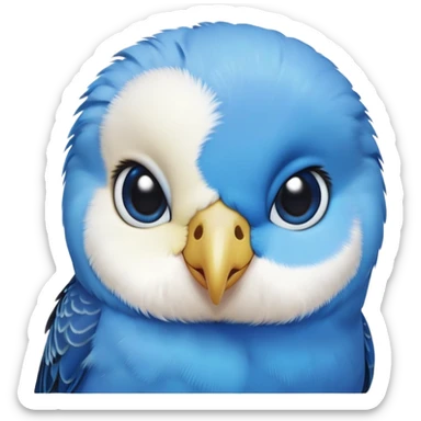 cinematic-cute-blue-budgie-portrait-emoji,-head-tilted-playfully-and-inquisitively,-featuring-a-brilliant-blue-feathered-fur-and white face-with-a-natural-sheen,-round,-sparkling-dark-eyes-filled-with-curiosity,-simplified-yet-irresistibly-adorable sticker