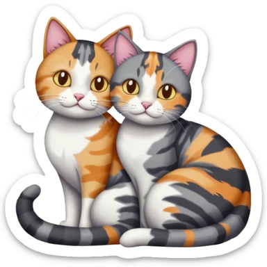 full body colourful light patched calico + white tabby cat cuddling a bigger cat that is dark grey and white tabby cat  and they are in love sticker