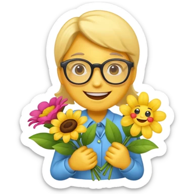 Create a yellow emoji holding flowers and wearing glasses with a joy expression sticker