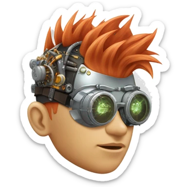 Light red Mohawk hair male cyborg head with white steampunk goggles and circuits sticker