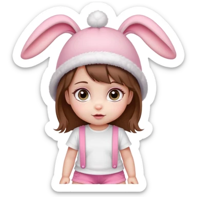 Cute emoji baby girl with big eyes, brown hair, bunny ear pink hat, white t-shirt and pink shorts. sticker