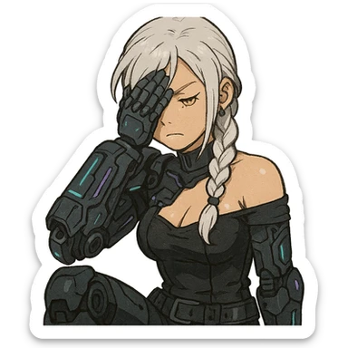  she is wearing armor, maximum power , facepalm smh, a closeup portrait of young woman with gold yellow eyes, white hair, long braid, black off-shoulder top d-cup, punk gothic style, futuristic cyberwave cyberpunk, sitting position sticker