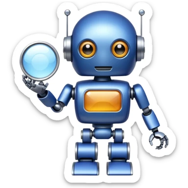 A little robot with a looking glass in indigo-500 sticker