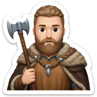 A tall Viking with braided beard, fur cloak, and heavy axe resting on his shoulder.
 sticker