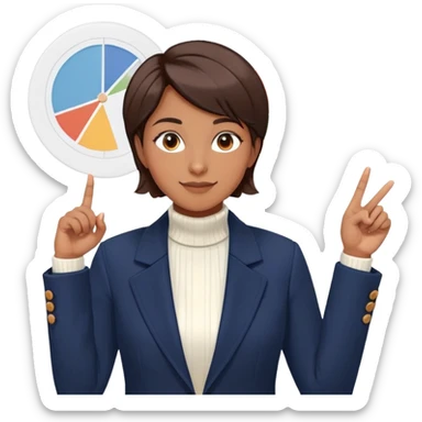 Gender: Non-binary Hair: Short layered cut (ear-length), dark brown Face: Almond-shaped eyes with subtle eyeliner, bright smile Clothes: Navy blazer over white turtleneck Action: Pointing at pie chart on projector sticker