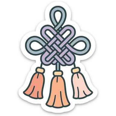 Chinese happiness knot with three tassels, icon-color-outlined style, detailed shadows and highlights, thin clean outlines, soft rounded shapes, pastel palette #98B5BC, #B5B3C1, #C9A3C9, #E4C0CA, #F7DCD1, #F7C0AA, modern Japanese pop art and sticker aesthetic, high detail, vector sharpness, soft lighting, transparent background sticker