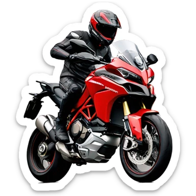 Bold man without beard on red Ducati Multistrada in wheelie position sticker