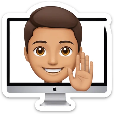 monitor with the video call on the screen with a person smileyn and with LIVE mark sticker