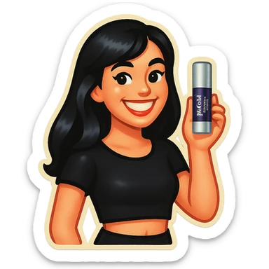 Edit the fair-skinned girl with beautiful black hair, black crop top, and big white smile to hold the exact whitening serum bottle shown in the reference photo. Maintain the same Genmoji emoji style as the original. sticker